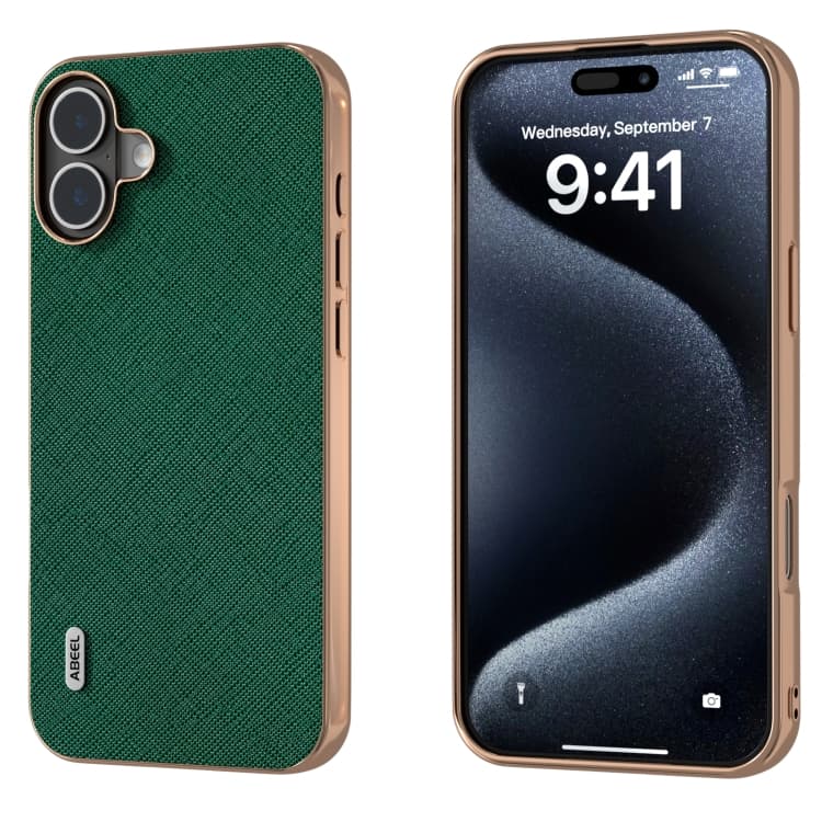 For iPhone 16 ABEEL Electroplating Frame Cross Texture Genuine Leather Phone Case(Green) - Immagine 1