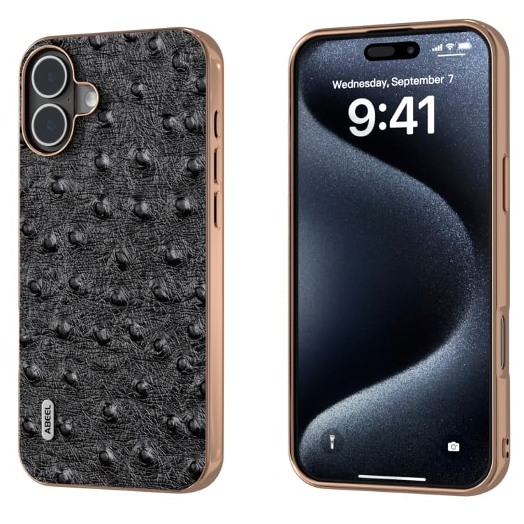 For iPhone 16 ABEEL Electroplating Frame Genuine Leather Ostrich Texture Phone Case(Black) - Immagine 1