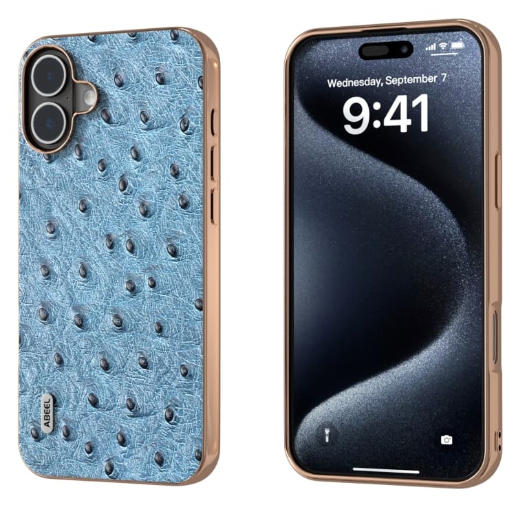 For iPhone 16 ABEEL Electroplating Frame Genuine Leather Ostrich Texture Phone Case(Dark Blue) - Immagine 1