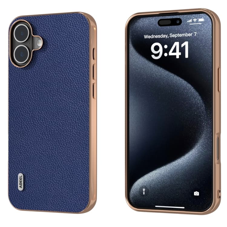 For iPhone 16 ABEEL Genuine Leather Mino Series Nano Plating Phone Case(Royal Blue) - Immagine 1