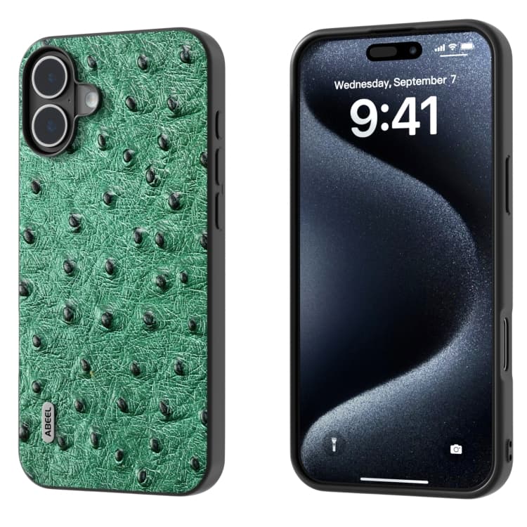 Per iPhone 16 ABEEL Custodia in pelle genuina con texture di struzzo (Verde) - Immagine 1