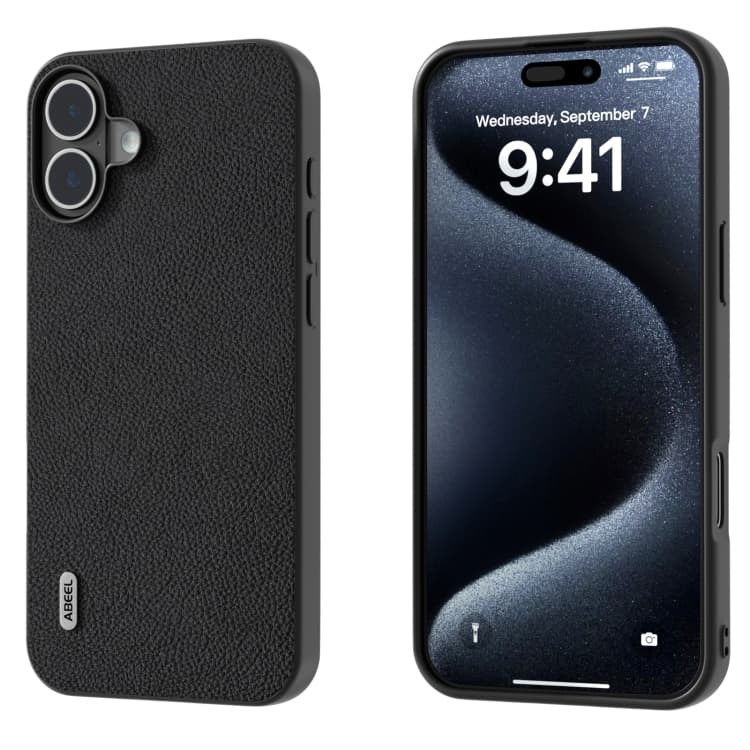 Per iPhone 16 ABEEL Custodia in Pelle Genuina + PC Texture Litchi (Nero) - Immagine 1
