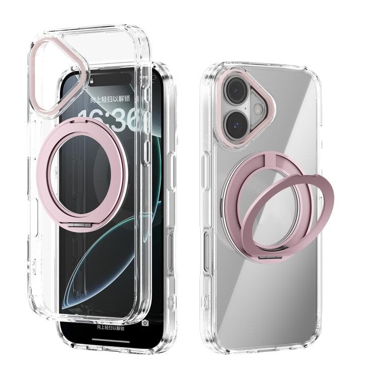 For iPhone 16 ABEEL MagSafe Q-LUCK Pivot Bracket Transparent Phone Case(Pink) - Immagine 1