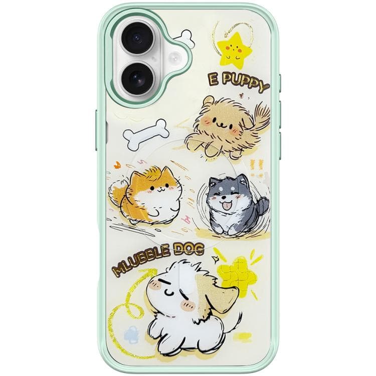 For iPhone 16 Adorable Whirlwind Dog Pattern Magnetic Phone Case(Light Green) - Immagine 1