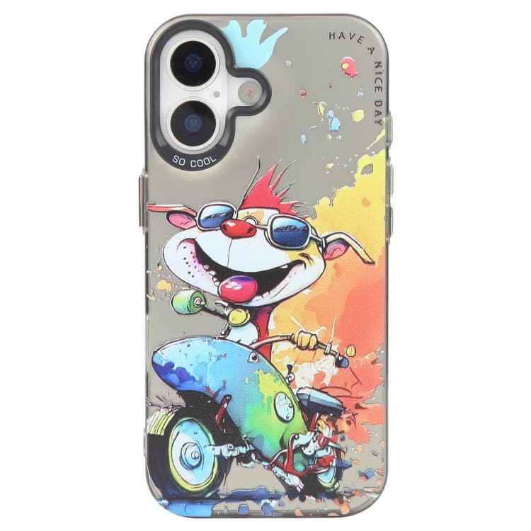 For iPhone 16 Animal Pattern Oil Painting Series PC + TPU Phone Case(Motorcycle Dog) - Immagine 1