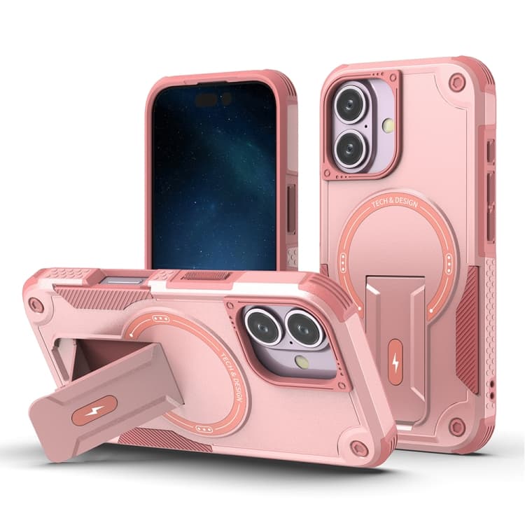 For iPhone 16 Armor Magsafe Holder PC Hybrid TPU Phone Case(Pink) - Immagine 1