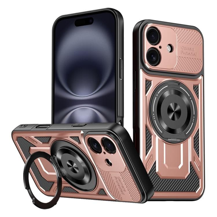 For iPhone 16 Armor Rotating Holder MagSafe Phone Case(Rose Gold) - Immagine 1