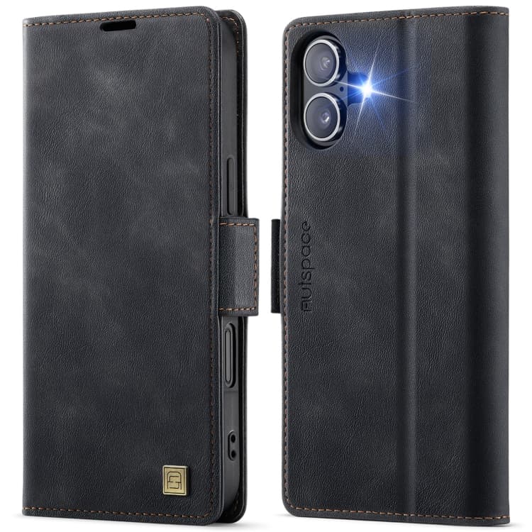 For iPhone 16 AutSpace A11 Side Buckle MagSafe Magnetic RFID Phone Leather Case(Black) - Immagine 1
