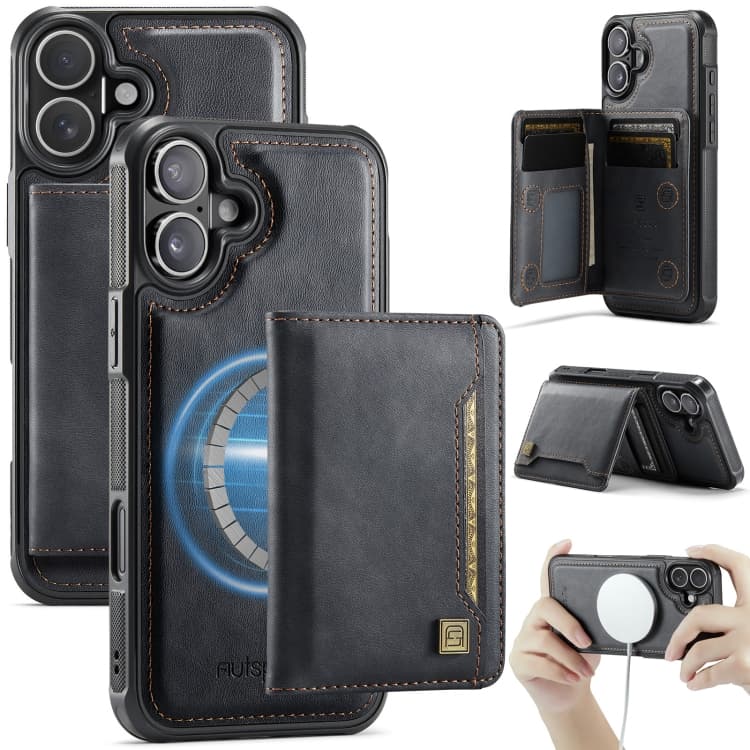 For iPhone 16 AutSpace A13 MagSafe Magnetic RFID Flip Card Bag Phone Case(Black) - Immagine 1