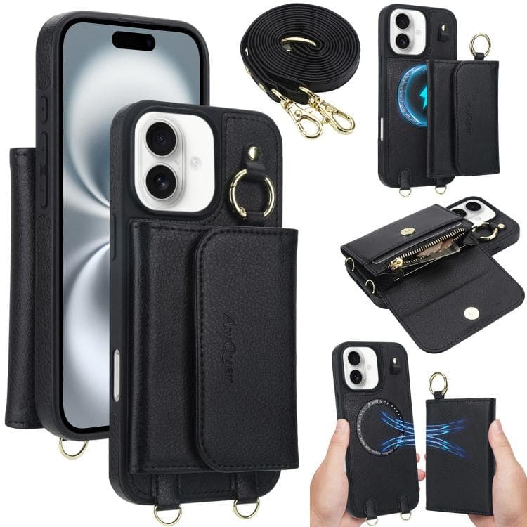 For iPhone 16 AwQuer 2 in 1 Crossbody Wallet Leather Back Phone Case(Black) - Immagine 1