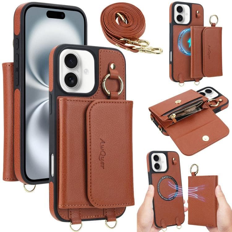 For iPhone 16 AwQuer 2 in 1 Crossbody Wallet Leather Back Phone Case(Brown) - Immagine 1