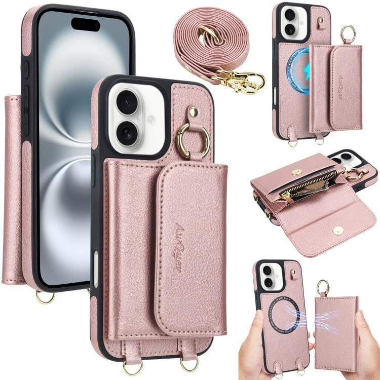 For iPhone 16 AwQuer 2 in 1 Crossbody Wallet Leather Back Phone Case(Rose Gold) - Immagine 1