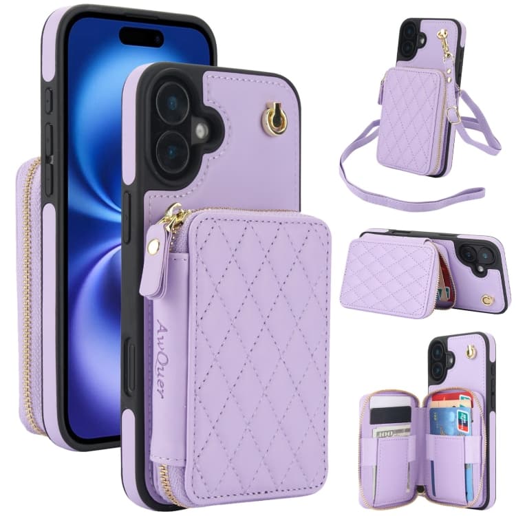 For iPhone 16 AwQuer Crossbody Zipper Wallet Rhombic Leather Back Phone Case(Purple) - Immagine 1