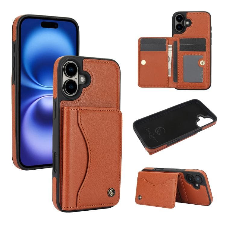 For iPhone 16 AwQuer Horizontal Flip Card Bag Holder Leather Phone Case(Brown) - Immagine 1