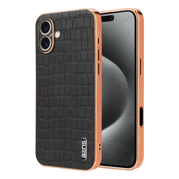 For iPhone 16 AZNS Electroplated Frame Crocodile Texture Full Coverage Phone Case(Black) - Immagine 1