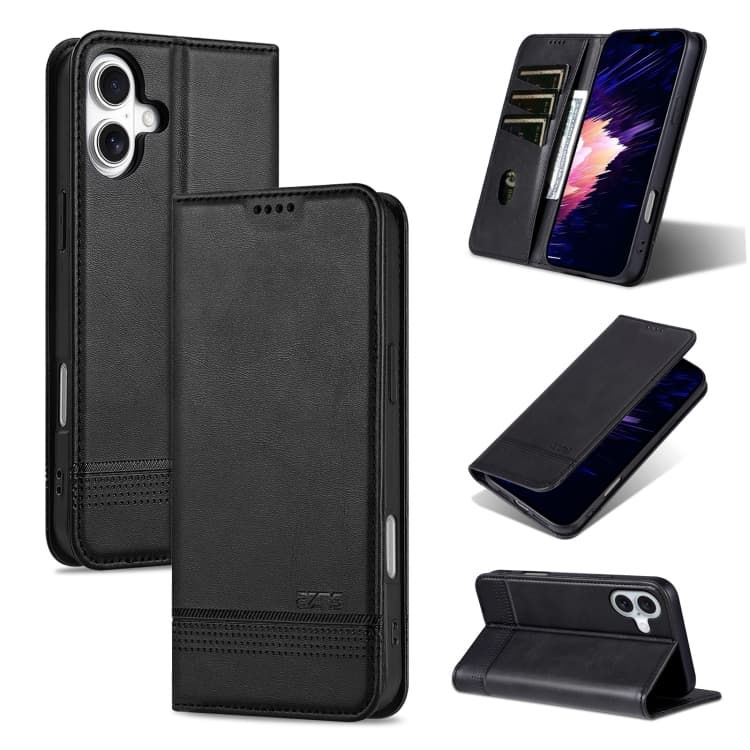 For iPhone 16 AZNS Magnetic Calf Texture Flip Leather Phone Case(Black) - Immagine 1