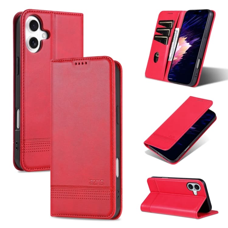 For iPhone 16 AZNS Magnetic Calf Texture Flip Leather Phone Case(Red) - Immagine 1