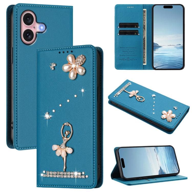 For iPhone 16 Ballet Girl Diamond Studded RFID Vegan Leather Phone Case(Lake Blue) - Immagine 1