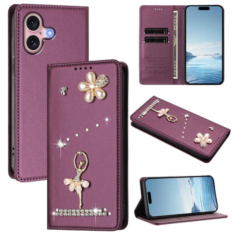 For iPhone 16 Ballet Girl Diamond Studded RFID Vegan Leather Phone Case(Violet) - Immagine 1