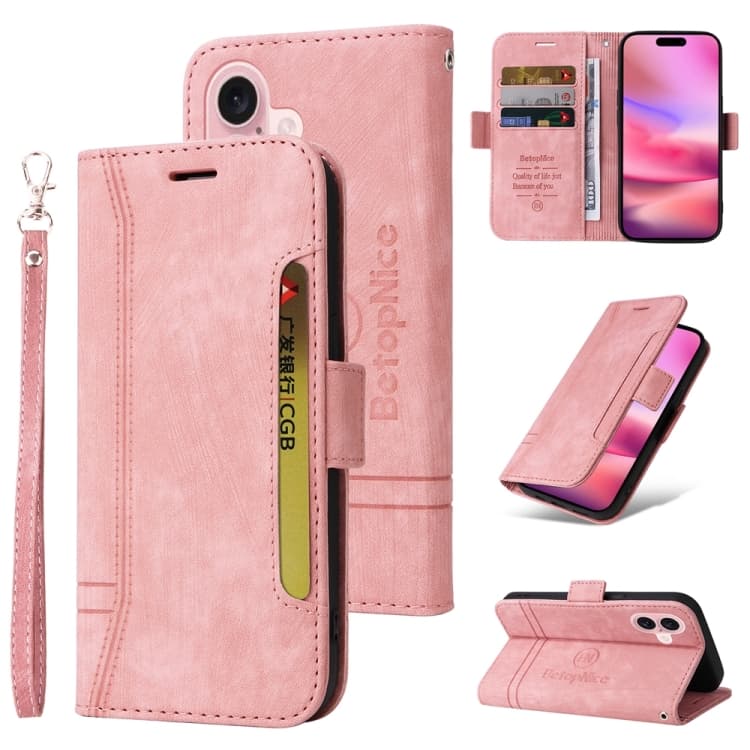 Fondina per iPhone 16 BETOPNICE in pelle con fibbia a doppio lato (Rosa) - Immagine 1