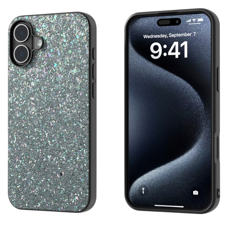For iPhone 16 Black Frame Colorful Glitter Phone Case(Black Green) - Immagine 1