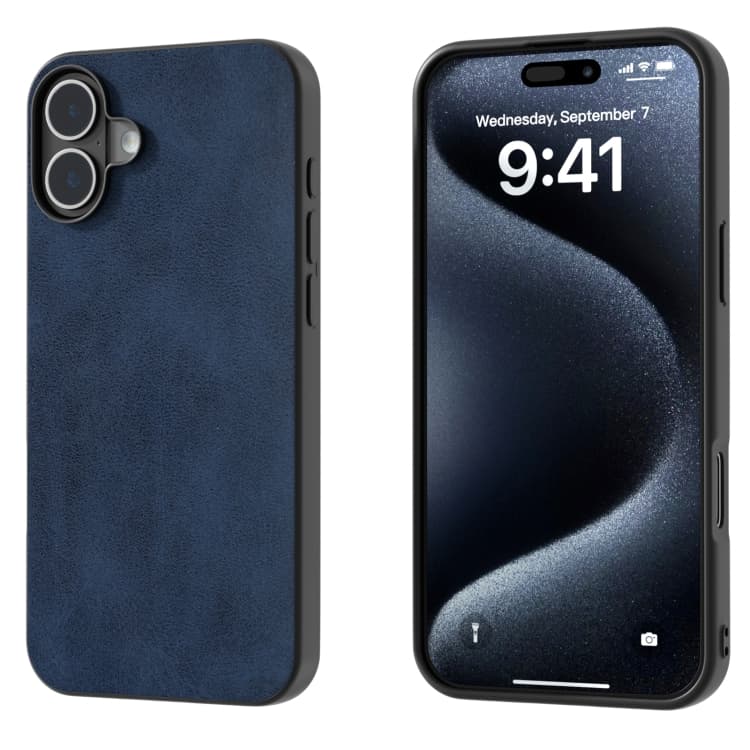 For iPhone 16 Black Frame Two-color Calf Texture PU Phone Case(Blue) - Immagine 1