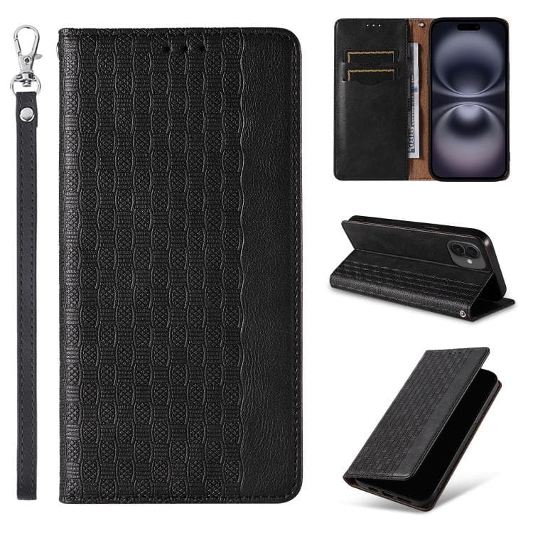 For iPhone 16 Braided Embossed Strong Magnetic Leather Phone Case(Black) - Immagine 1