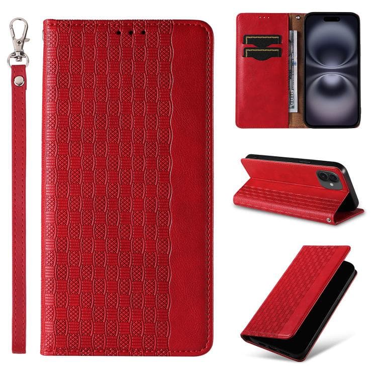 For iPhone 16 Braided Embossed Strong Magnetic Leather Phone Case(Red) - Immagine 1
