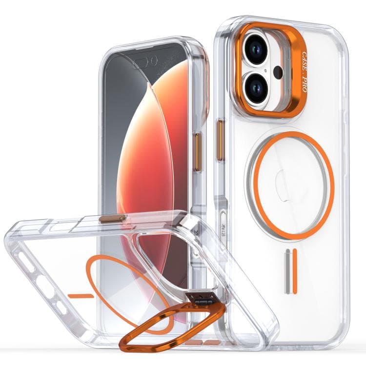 For iPhone 16 Bright Color Clear MagSafe Lens Frame Holder Phone Case(Orange) - Immagine 1