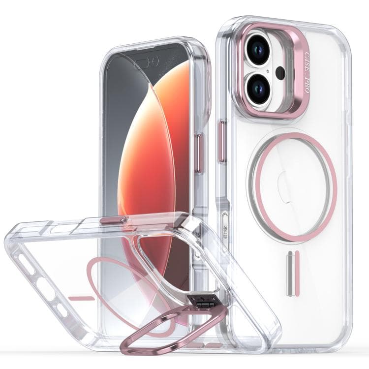 For iPhone 16 Bright Color Clear MagSafe Lens Frame Holder Phone Case(Pink) - Immagine 1