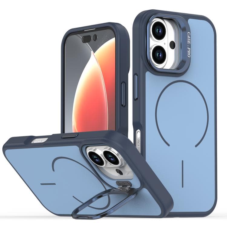 For iPhone 16 Bright Color Contrast Skin-feel Camera Bracket Magsafe Phone Case(Blue) - Immagine 1
