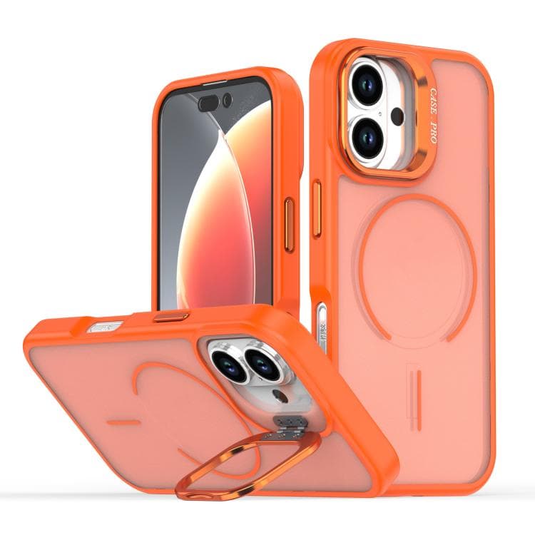 For iPhone 16 Bright Color Frosted Skin-feel Camera Bracket Magsafe Phone Case(Orange) - Immagine 1