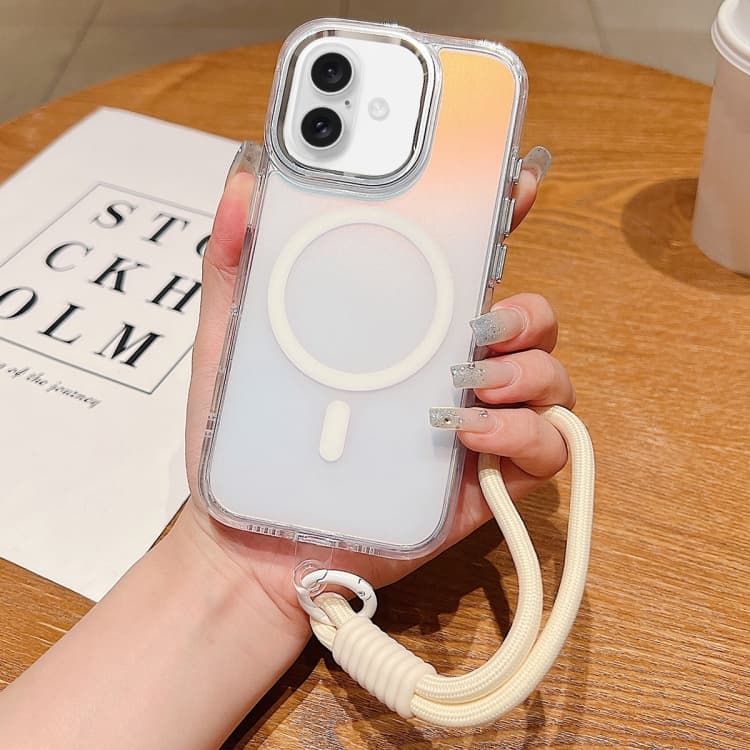 For iPhone 16 Bright Shadow Magsafe Discoloration Phone Case with Wrist Strap(White) - Immagine 1