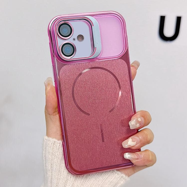 For iPhone 16 Brushed Magnetic Phone Case with Lens Frame Holder & Lens Film(Pink) - Immagine 1
