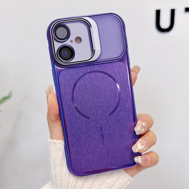 For iPhone 16 Brushed Magnetic Phone Case with Lens Frame Holder & Lens Film(Purple) - Immagine 1