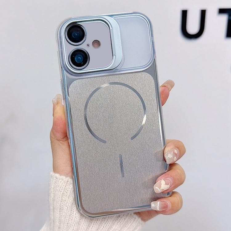 For iPhone 16 Brushed Magnetic Phone Case with Lens Frame Holder & Lens Film(Silver) - Immagine 1