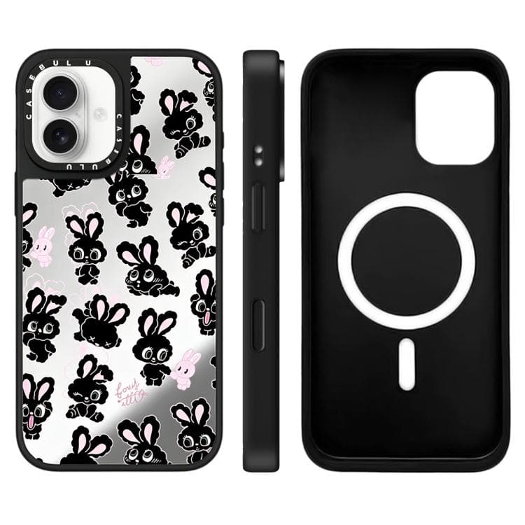 Custodia magnetica per iPhone 16 con motivo coniglietto e superficie a specchio (Coniglietto nero) - Immagine 1