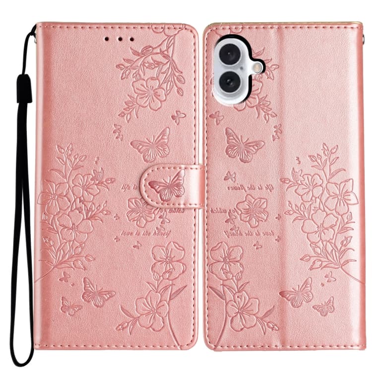 For iPhone 16 Butterflies and Flowers Leather Phone Case(Rose Gold) - Immagine 1