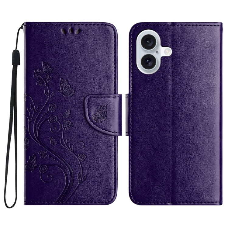 For iPhone 16 Butterfly Flower Pattern Flip Leather Phone Case(Dark Purple) - Immagine 1