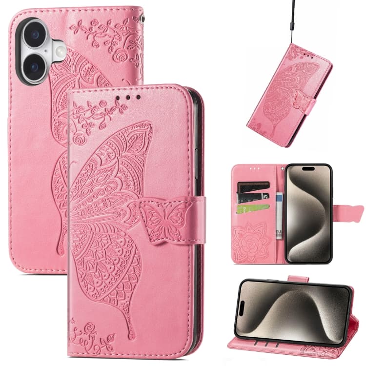 For iPhone 16 Butterfly Love Flower Embossed Leather Phone Case(Pink) - Immagine 1