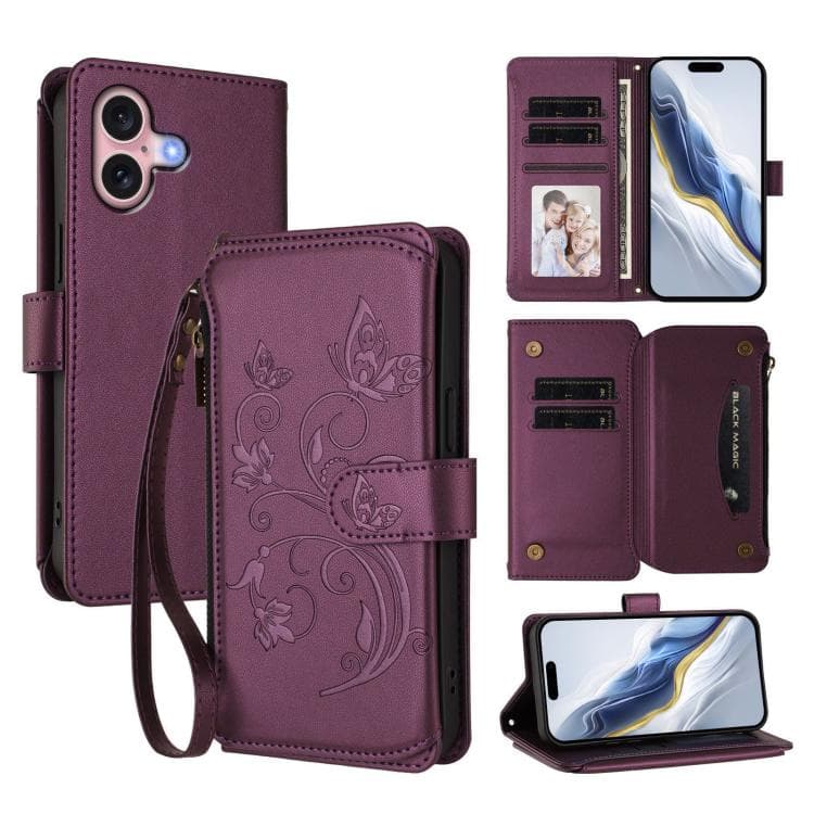 For iPhone 16 Butterfly Love Flower Multi-card Zipper Wallet Leather Phone Case(Dark Purple) - Immagine 1