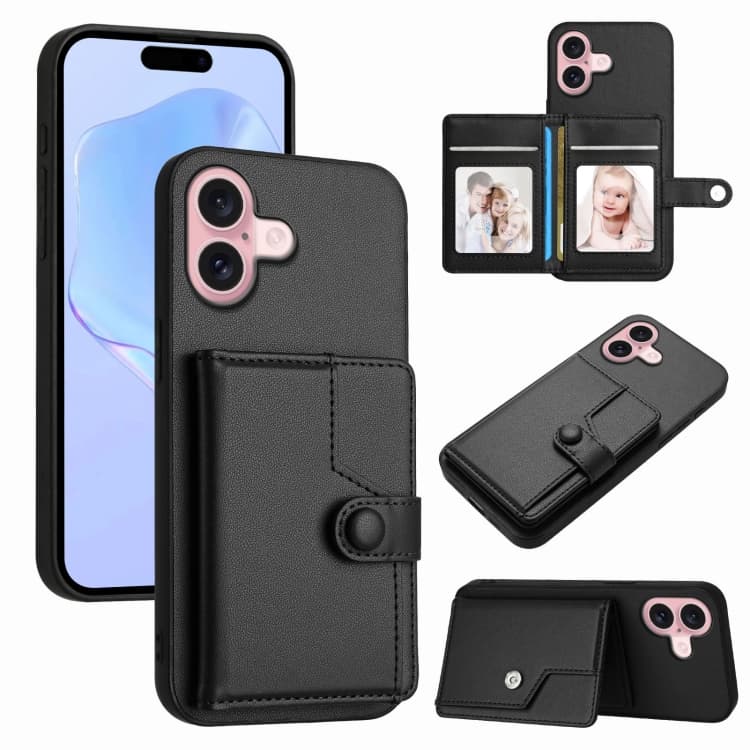 For iPhone 16 Button Card Bag RFID Anti-theft Phone Case(Black) - Immagine 1