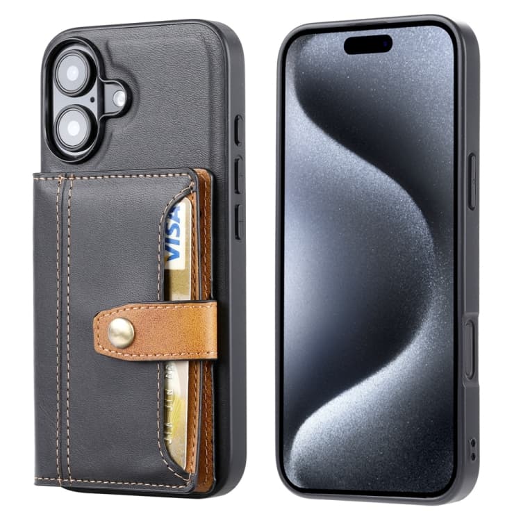 For iPhone 16 Calfskin Card Slot TPU Hybrid PU Phone Case(Black) - Immagine 1