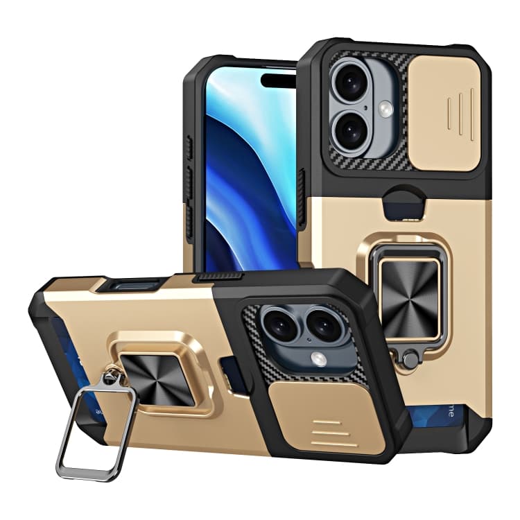 For iPhone 16 Camera Shield Card Slot PC+TPU Phone Case(Gold) - Immagine 1