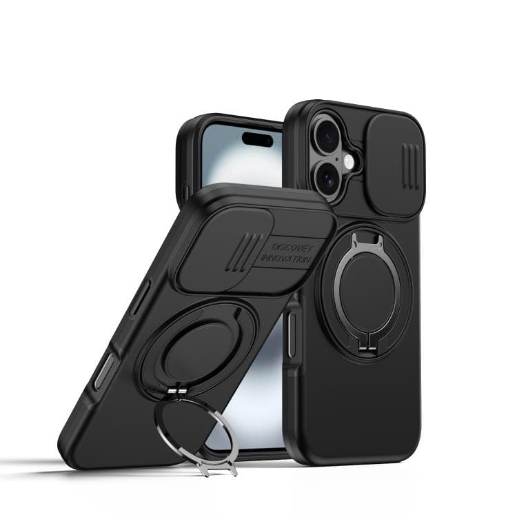 For iPhone 16 Camera Sliding Shield Magnetic Rotation Holder Phone Case(Black) - Immagine 1