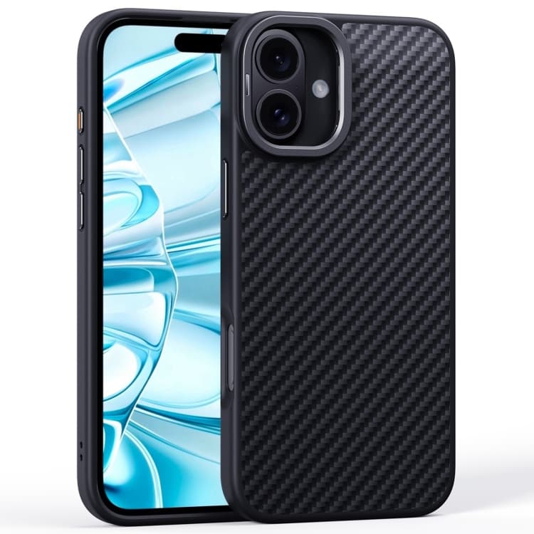 For iPhone 16 Carbon Fiber Kevlar Lens Holder MagSafe Magnetic Phone Case(Black) - Immagine 1