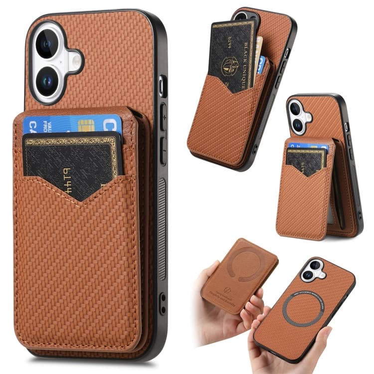 For iPhone 16 Carbon Fiber MagSafe Vertical Flip Card Bag Phone Case(Brown) - Immagine 1