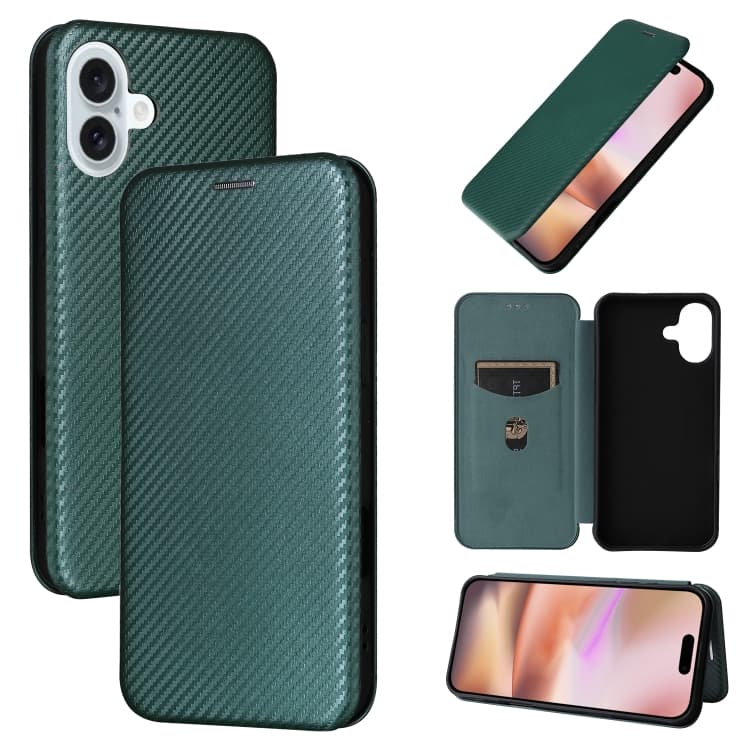 For iPhone 16 Carbon Fiber Texture Flip Leather Phone Case(Green) - Immagine 1
