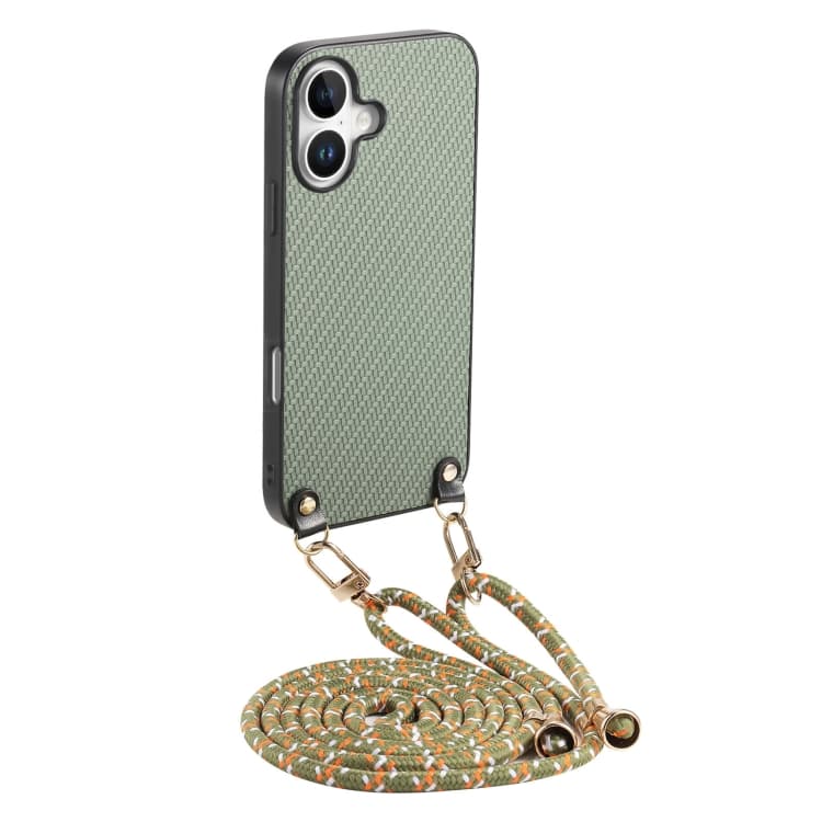 For iPhone 16 Carbon Fiber Texture Leather Back Phone Case with Crossbody Strap(Green) - Immagine 1
