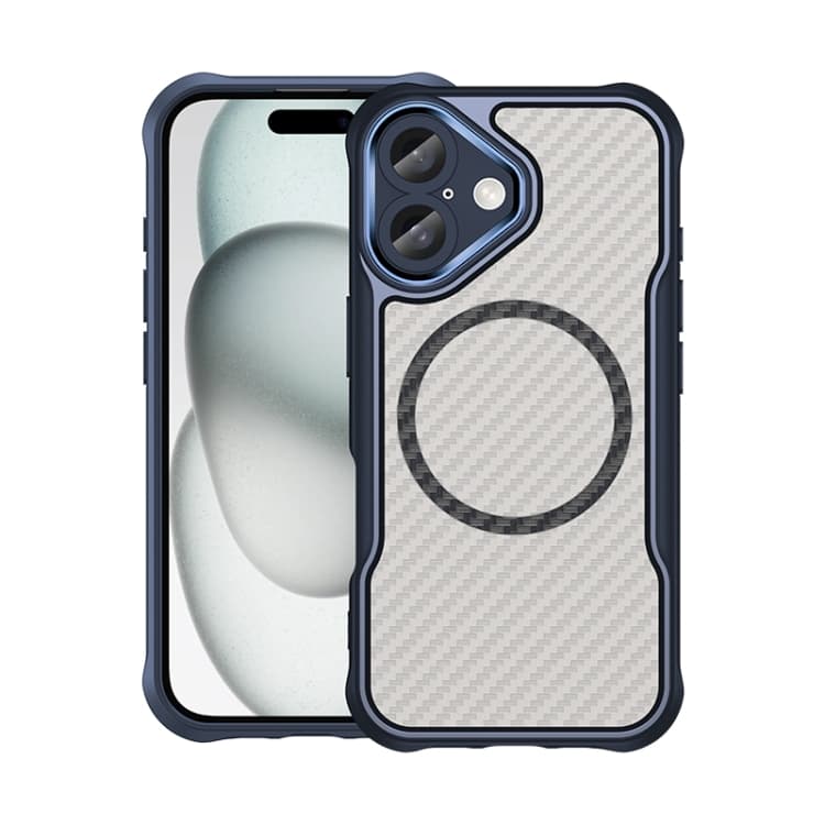 For iPhone 16 Carbon Fiber Texture MagSafe Translucent Phone Case(Blue) - Immagine 1